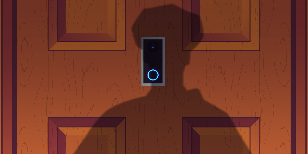 The shadow of a police officer looms in front of a Ring device on a closed door.